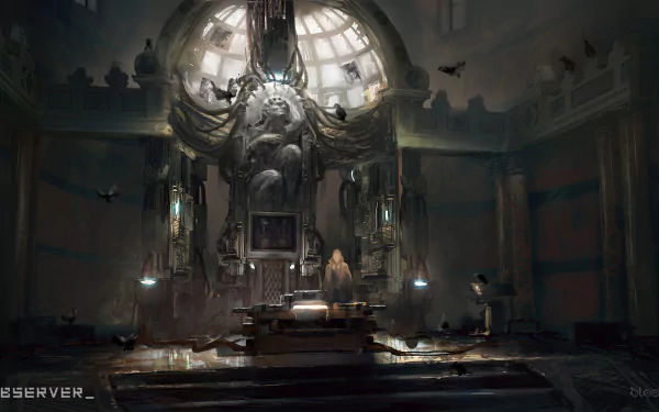 HD wallpaper of a dim, ornate room with a central sculpture, tagged with 'Observer', offering a mysterious and immersive desktop background.