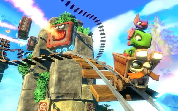 HD wallpaper featuring Yooka-Laylee characters on a minecart ride, with a vivid sky backdrop and dynamic platforming elements.