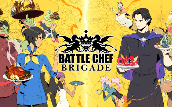 HD desktop wallpaper featuring characters from Battle Chef Brigade with vibrant culinary-themed artwork and game logo.