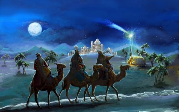 Holiday Christmas The Three Wise Men Night Moon Star Camel Palace Desert HD Wallpaper | Background Image