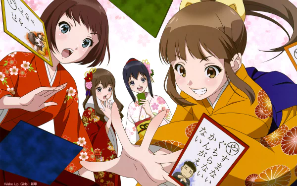 5K Ultra HD PC desktop wallpaper of Wake Up, Girls! — Shichi-nin no Idol featuring anime characters Moka Suzuki, Mayu Shimada and Nanami Hisami in colorful kimonos holding celebratory cards.