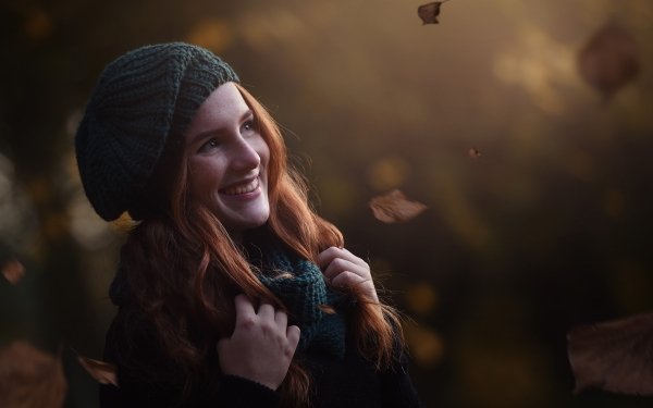 Women Model Smile Fall Redhead Hat Scarf HD Wallpaper | Background Image