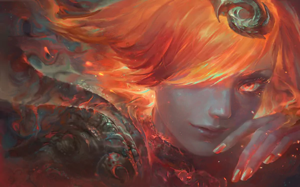 Close-up of Lux from League of Legends with glowing orange eyes and short fiery orange hair, surrounded by swirling flames in an intense, high-definition PC wallpaper.