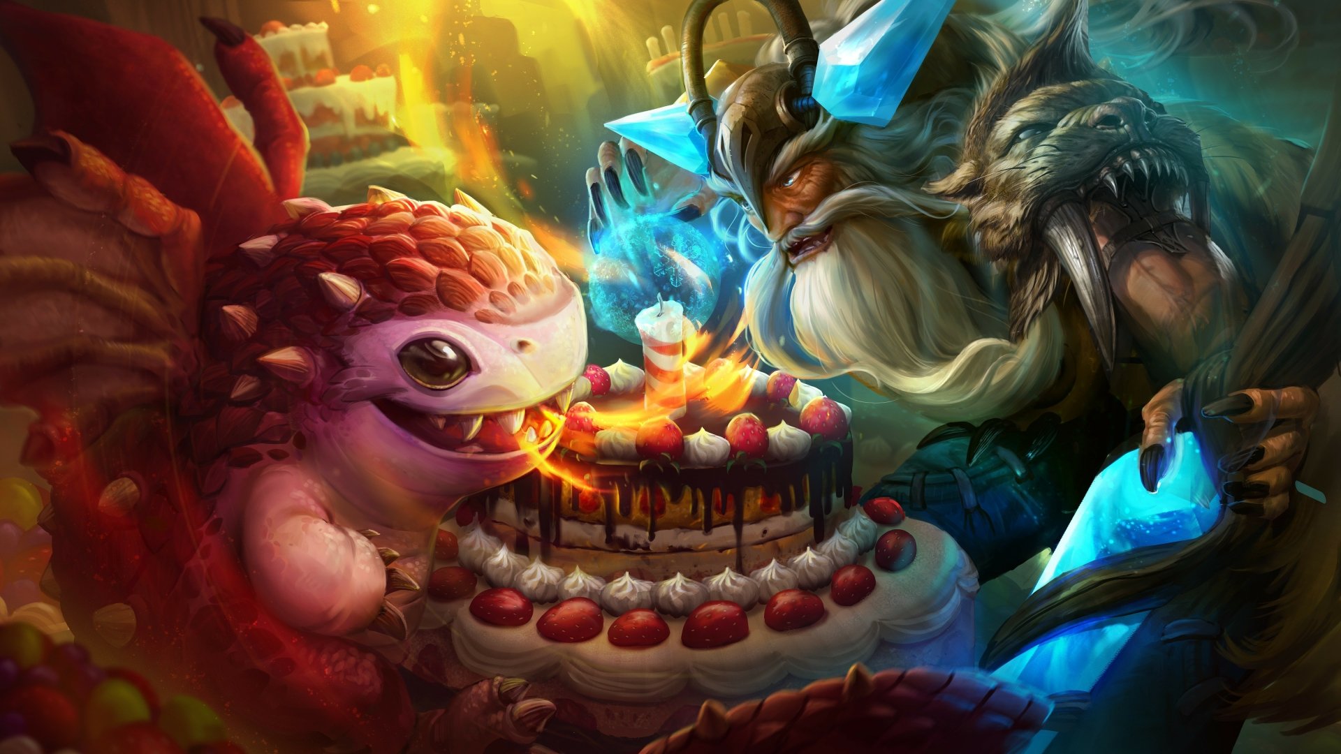 Vainglory HD wallpaper featuring whimsical characters celebrating with a cake, designed as a colorful desktop background.