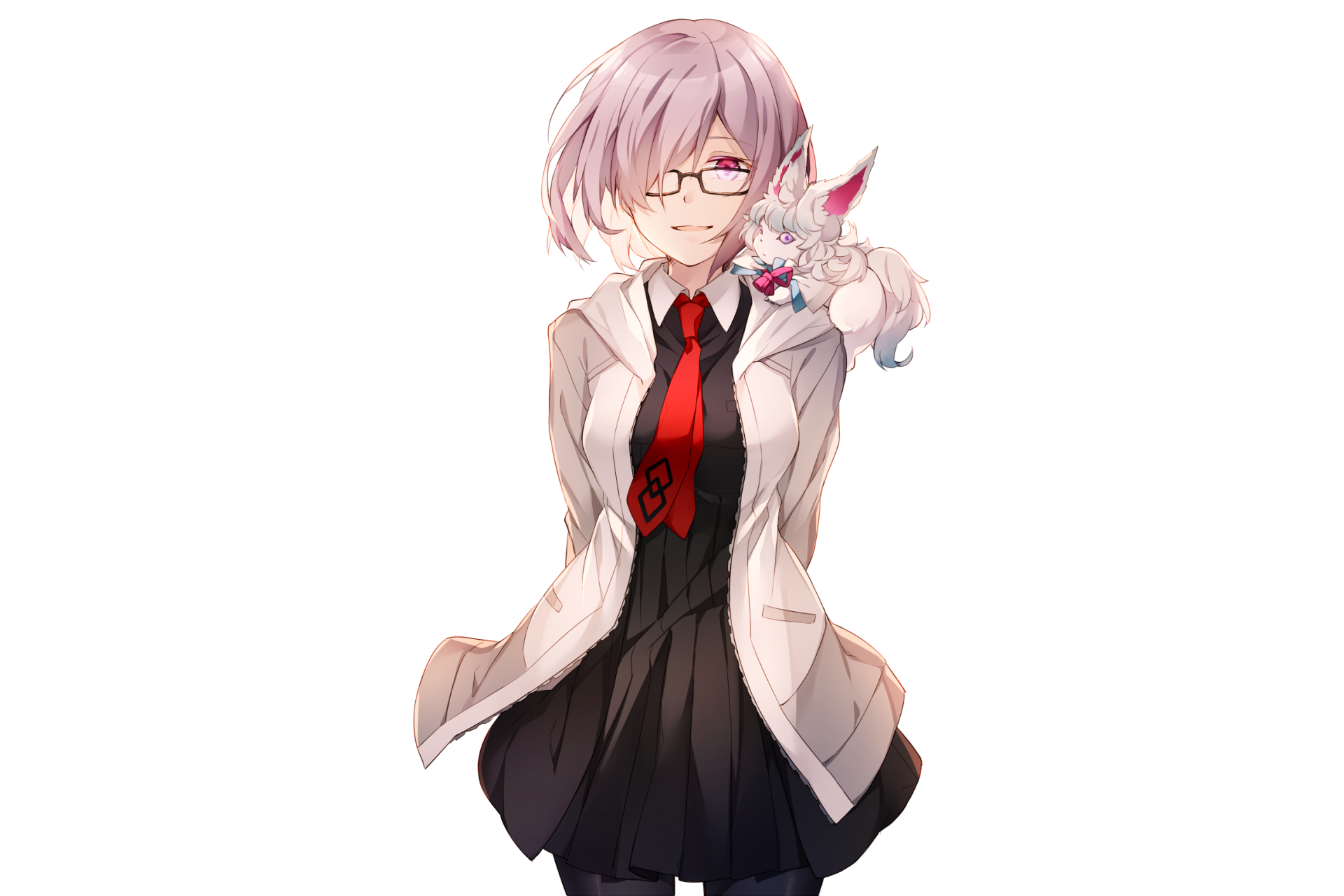 Mashu Kyrielight (Fate/Grand Order) anime HD PC wallpaper/background — wearing glasses, white coat over black skirt and red tie, short pink hair, small white fox-like companion on her shoulder.