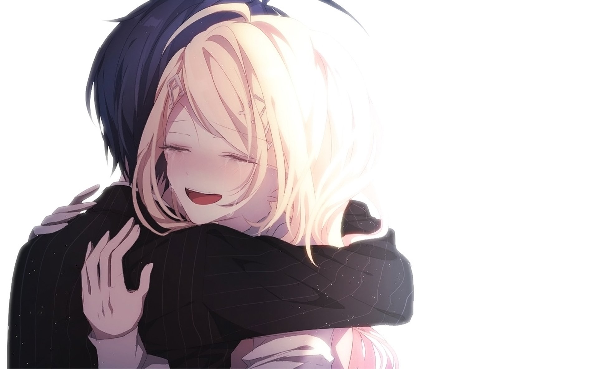 HD PC desktop wallpaper featuring Shuichi Saihara and Kaede Akamatsu from the video game Danganronpa V3: Killing Harmony embracing warmly.