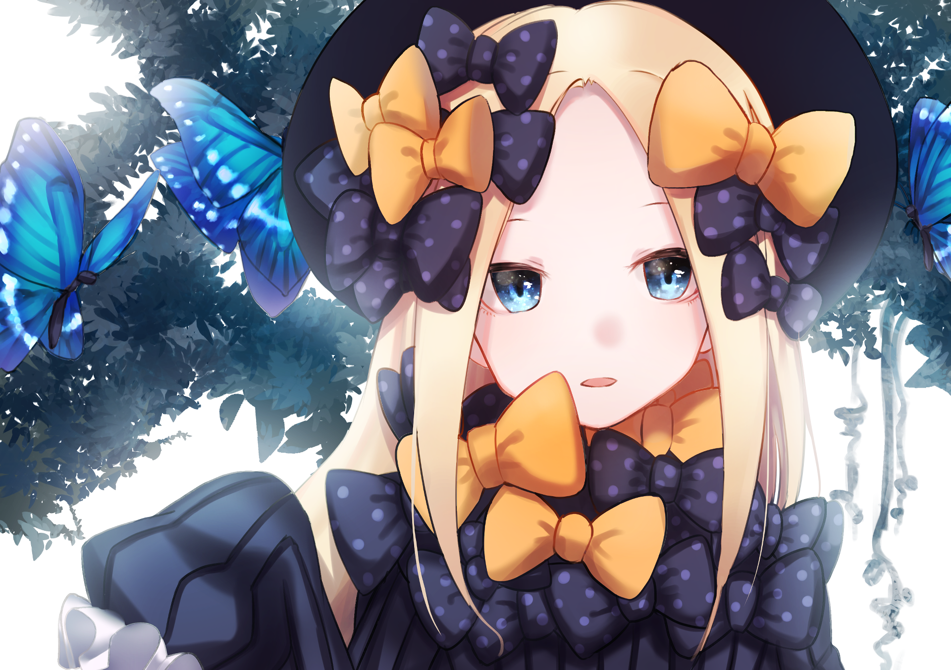 HD PC desktop wallpaper of Abigail Williams from Fate/Grand Order, featuring vibrant blue butterflies and detailed anime-style art.