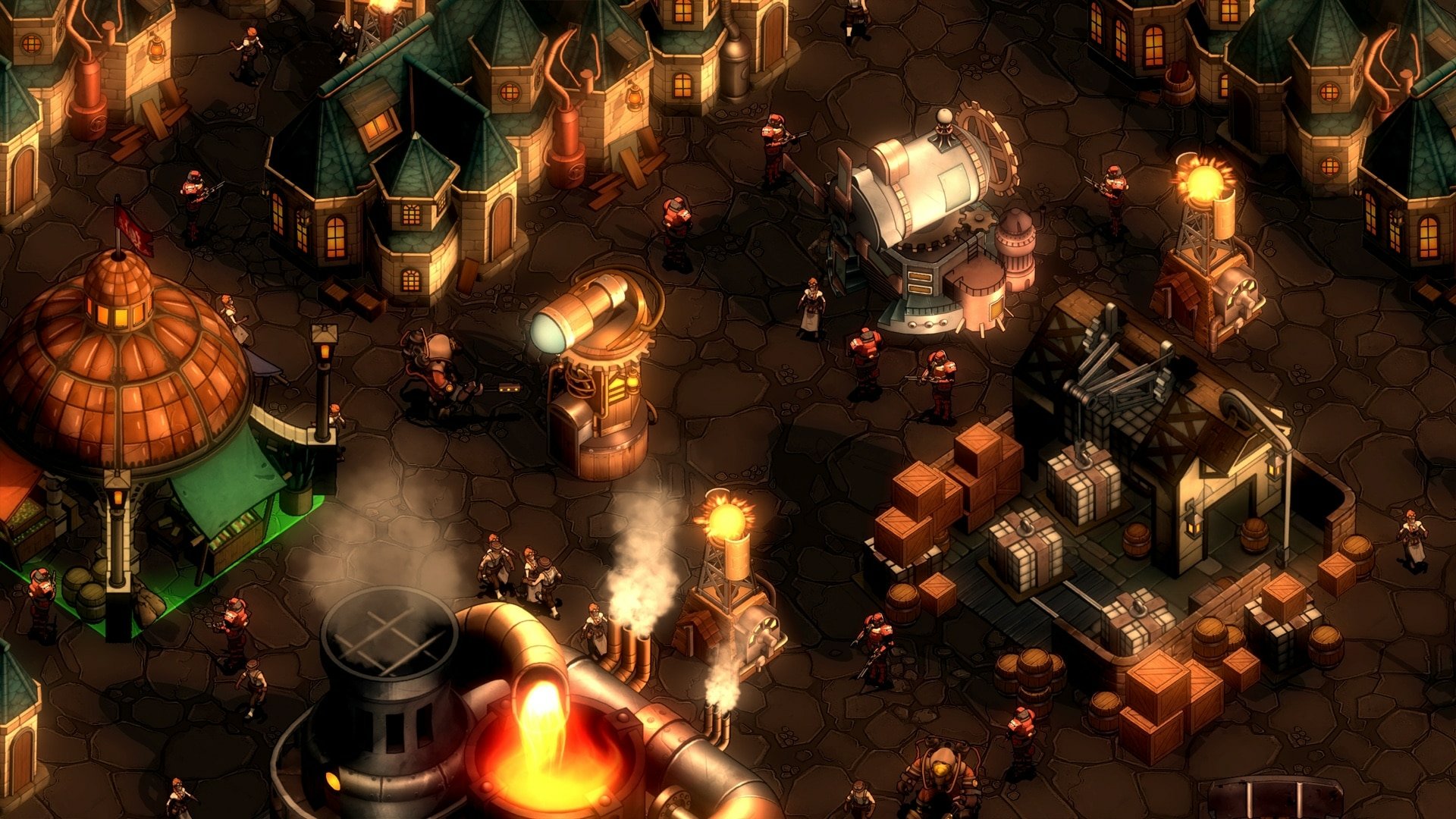 HD wallpaper featuring a steampunk scene from the game They Are Billions, with detailed buildings and a vibrant flame.