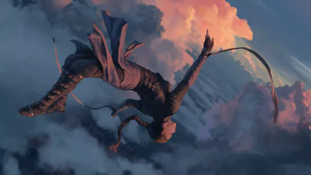 A fantasy HD desktop wallpaper of a woman with a braid falling through dramatic clouds, capturing motion and ethereal beauty against a vivid sky.
