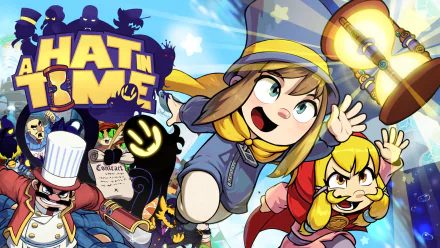 HD desktop wallpaper featuring characters from A Hat in Time video game with a vibrant, adventurous backdrop.