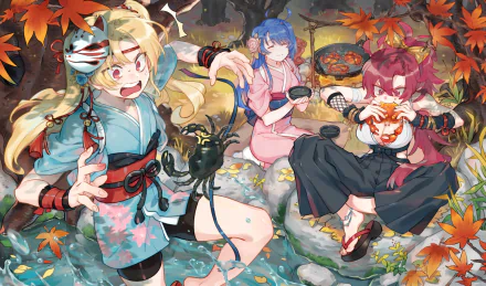 HD desktop wallpaper featuring Helena, Wichita, and Cleveland from Azur Lane. The characters are enjoying a meal outdoors in an autumn scene, dressed in traditional Japanese attire with vibrant fall foliage around.