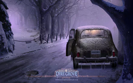 Vintage car covered in snow parked on a snowy winter road through a foggy forest, from the video game Mystery Case Files: Dire Grove, HD PC desktop wallpaper.