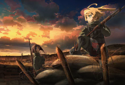 HD desktop wallpaper featuring Viktoriya Ivanovna Serebryakov and Tanya Degurechaff from the anime Youjo Senki, set against a dramatic sunset and battlefield background.