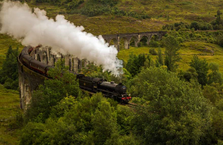 A vintage steam locomotive emitting thick white smoke crosses a curved viaduct surrounded by lush greenery in this HD PC desktop wallpaper.