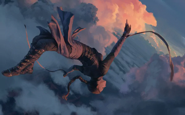 A fantasy HD desktop wallpaper of a woman with a braid falling through dramatic clouds, capturing motion and ethereal beauty against a vivid sky.
