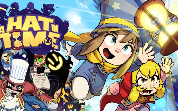 HD desktop wallpaper featuring characters from A Hat in Time video game with a vibrant, adventurous backdrop.