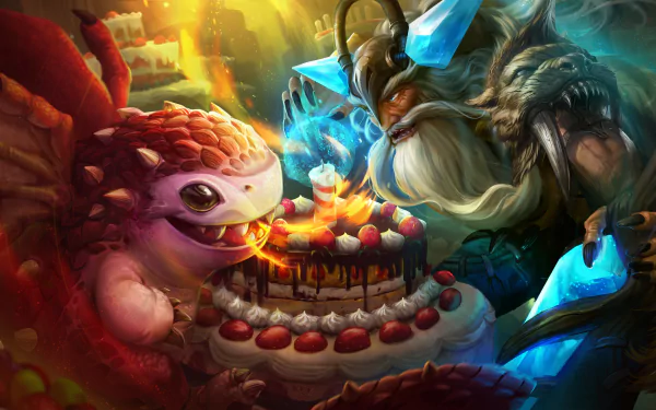 Vainglory HD wallpaper featuring whimsical characters celebrating with a cake, designed as a colorful desktop background.