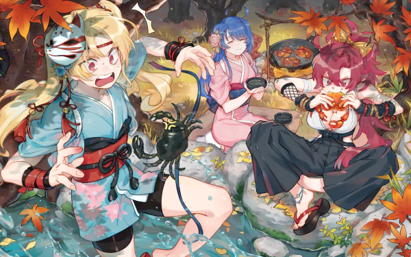HD desktop wallpaper featuring Helena, Wichita, and Cleveland from Azur Lane. The characters are enjoying a meal outdoors in an autumn scene, dressed in traditional Japanese attire with vibrant fall foliage around.