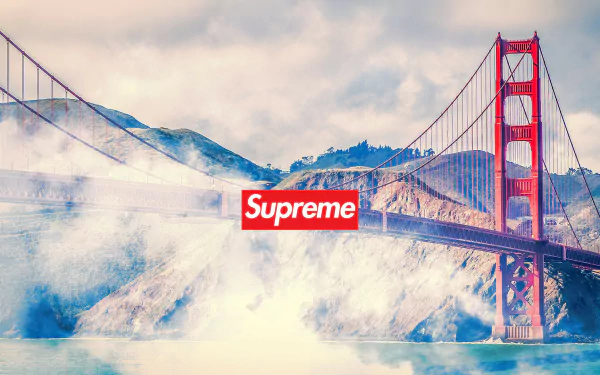 HD desktop wallpaper featuring the Golden Gate Bridge with the Supreme brand logo in the center, surrounded by picturesque landscapes and light fog.