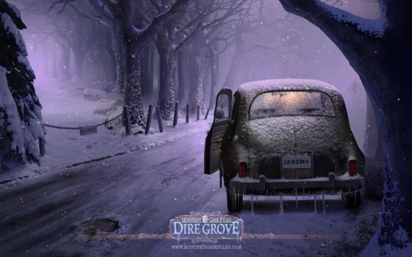 Vintage car covered in snow parked on a snowy winter road through a foggy forest, from the video game Mystery Case Files: Dire Grove, HD PC desktop wallpaper.