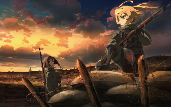 HD desktop wallpaper featuring Viktoriya Ivanovna Serebryakov and Tanya Degurechaff from the anime Youjo Senki, set against a dramatic sunset and battlefield background.
