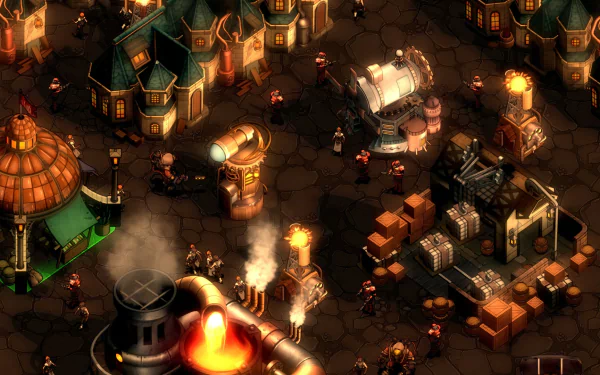 HD wallpaper featuring a steampunk scene from the game They Are Billions, with detailed buildings and a vibrant flame.