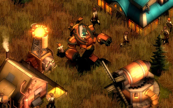 HD desktop wallpaper from They Are Billions showcasing steampunk aesthetics with buildings and a mech-like unit.