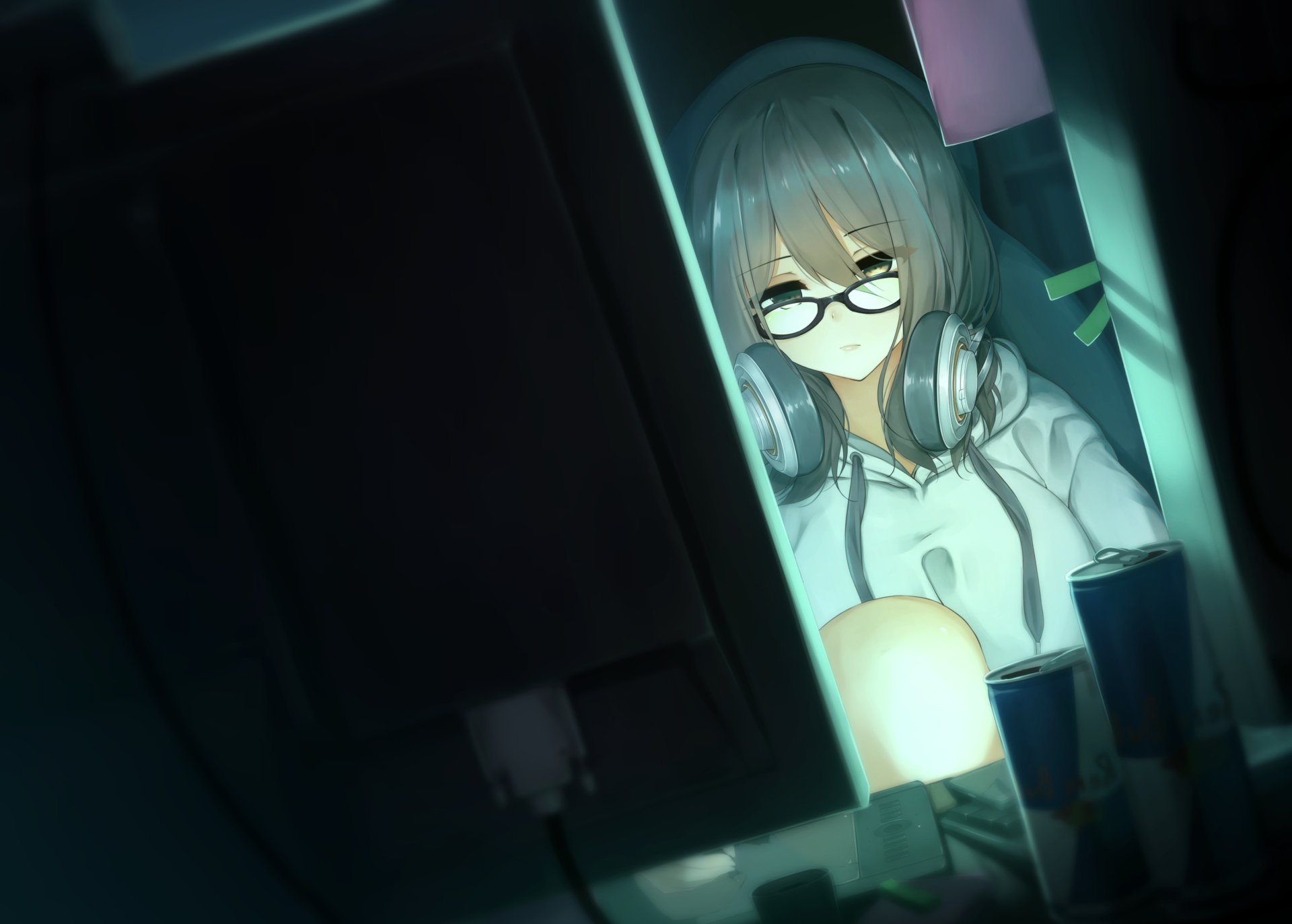 An original anime HD desktop wallpaper featuring a girl with glasses and headphones, immersed in her computer screen in a dimly lit room.