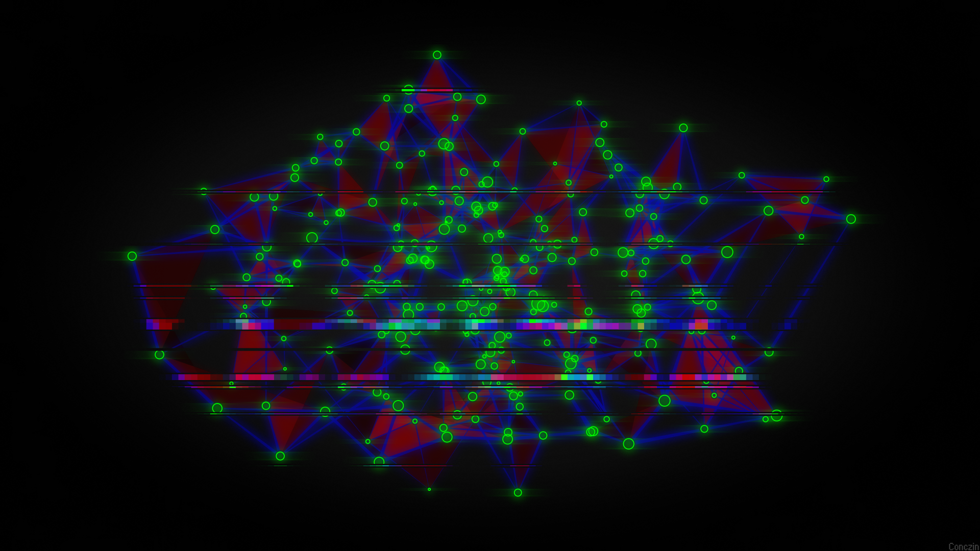 Abstract polygonal design with colorful shapes and green nodes on a black background, rendered in 8K Ultra HD for a striking PC desktop wallpaper.