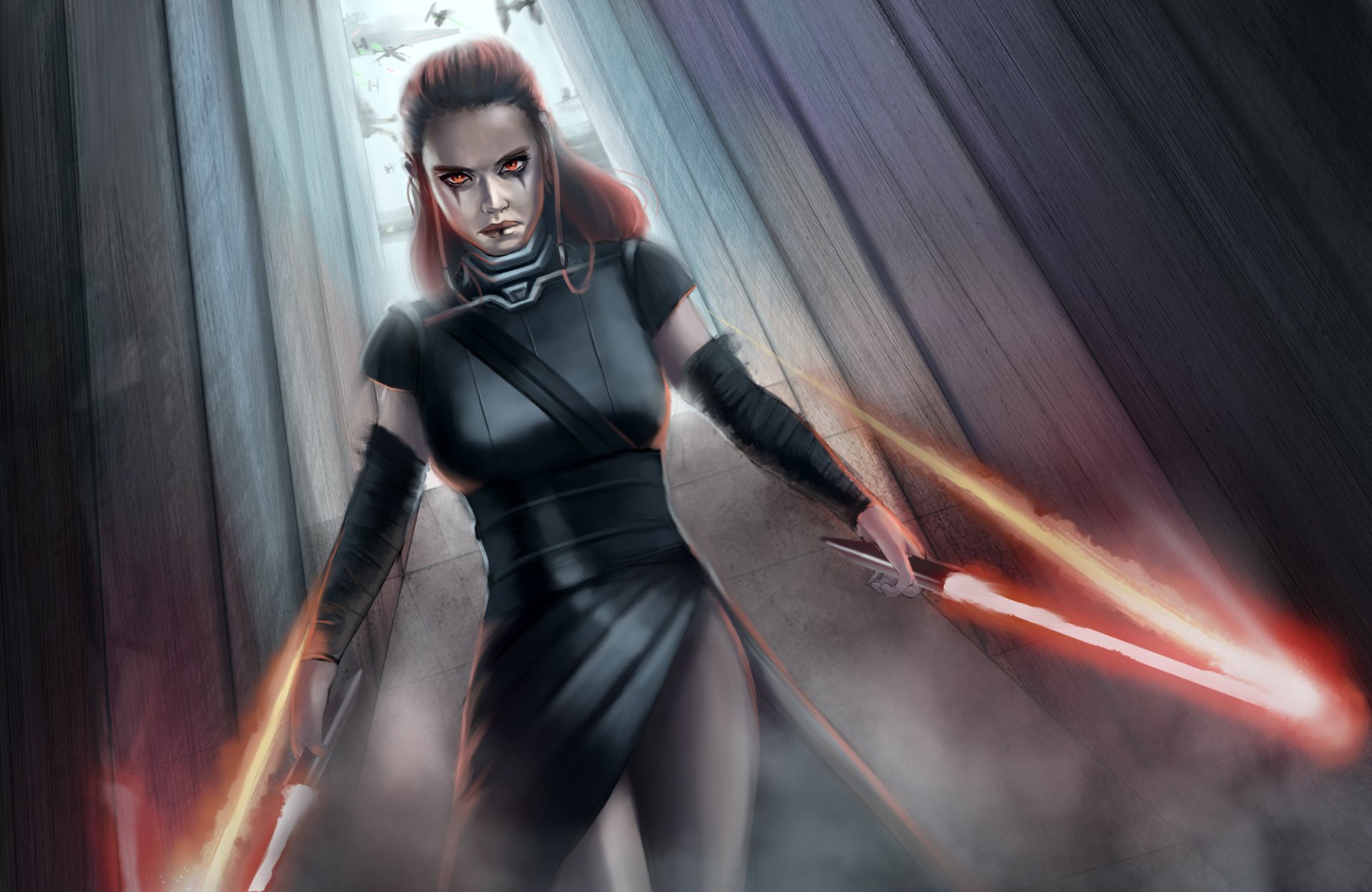 A fierce woman warrior with red eyes wields dual lightsabers, embodying the Sith spirit in this striking sci-fi depiction inspired by Rey from Star Wars.