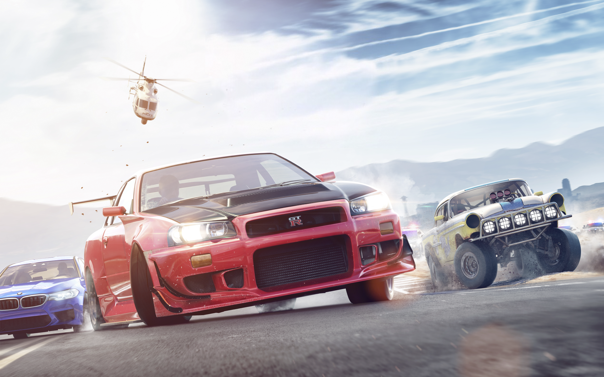 4K Ultra HD PC desktop wallpaper featuring high-speed cars and a helicopter in an intense chase from the video game Need for Speed Payback.