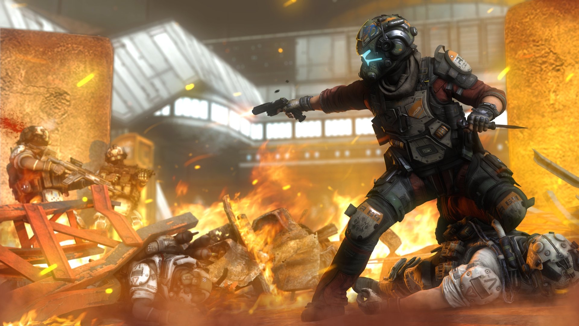 A dynamic 4K Ultra HD wallpaper from Titanfall 2, showcasing an intense battle scene with a soldier engaged in combat amid explosions and chaos.