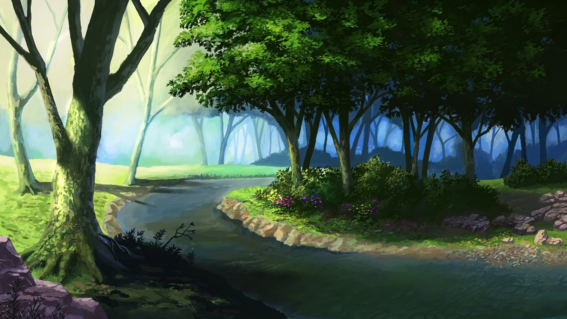 HD anime original desktop wallpaper depicting a serene forest path with sunlight filtering through lush green trees and vibrant flowers.