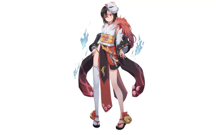 Anime-style original character with a fox mask, traditional Japanese attire, and glowing blue flames, designed as an HD PC desktop wallpaper and background.