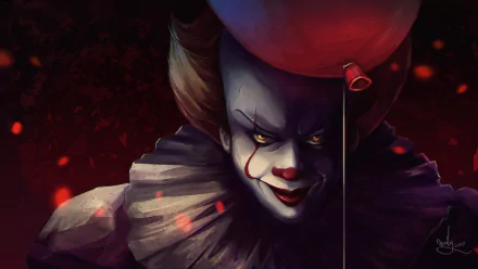 HD wallpaper of Pennywise the clown from the movie It (2017) holding a balloon, with a dark, moody backdrop.