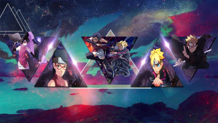 HD PC desktop wallpaper featuring anime characters Sarada Uchiha and Boruto Uzumaki from the Boruto series, set against a vibrant cosmic background.
