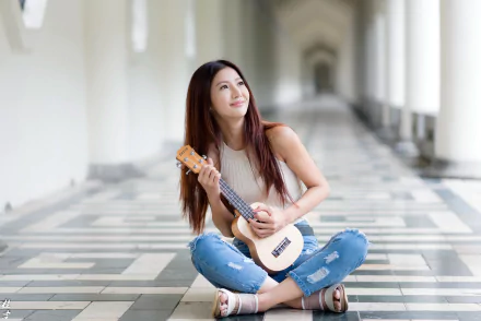 guitar brunette depth of field model woman asian HD Desktop Wallpaper | Background Image