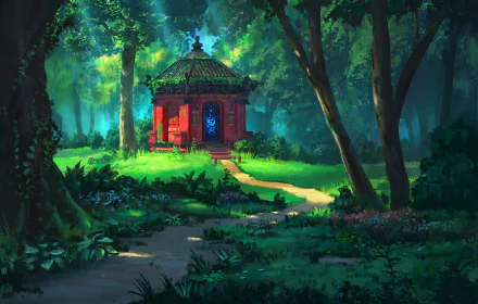 HD wallpaper featuring an enchanting oriental-style building nestled in a mystical forest with a winding path.