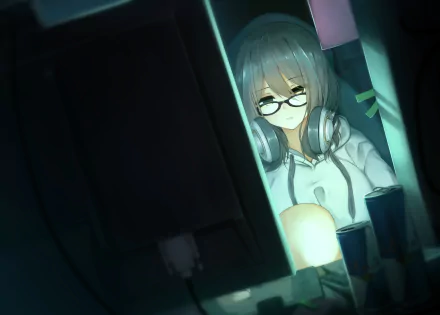 An original anime HD desktop wallpaper featuring a girl with glasses and headphones, immersed in her computer screen in a dimly lit room.