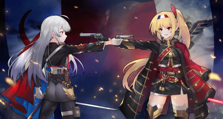 HD anime original desktop wallpaper featuring two female characters with contrasting hair colors aiming pistols at each other in a dynamic, intense standoff.