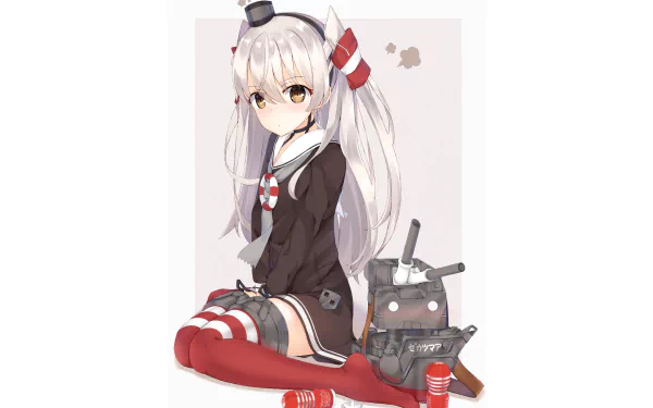 Amatsukaze from Kantai Collection (Kancolle) — anime HD desktop wallpaper of a white-haired ship girl in a sailor uniform with red thigh-highs, seated beside a small turret on a pale background.