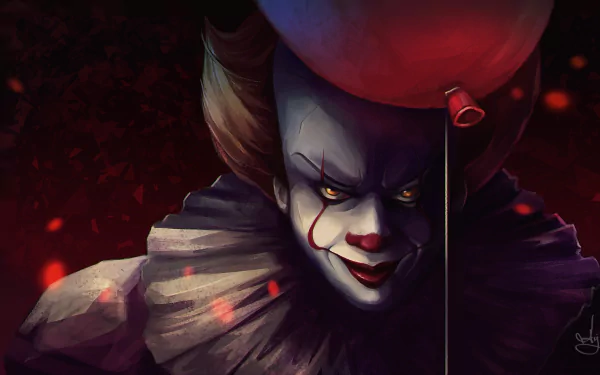HD wallpaper of Pennywise the clown from the movie It (2017) holding a balloon, with a dark, moody backdrop.
