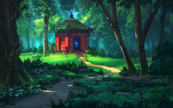 Fantasy Forest Path Building Oriental Tree HD Wallpaper | Background Image