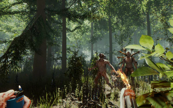 HD desktop wallpaper featuring a scene from The Forest game with lush trees and characters holding torches in the woods.