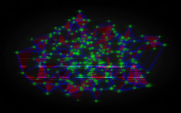 Abstract polygonal design with colorful shapes and green nodes on a black background, rendered in 8K Ultra HD for a striking PC desktop wallpaper.