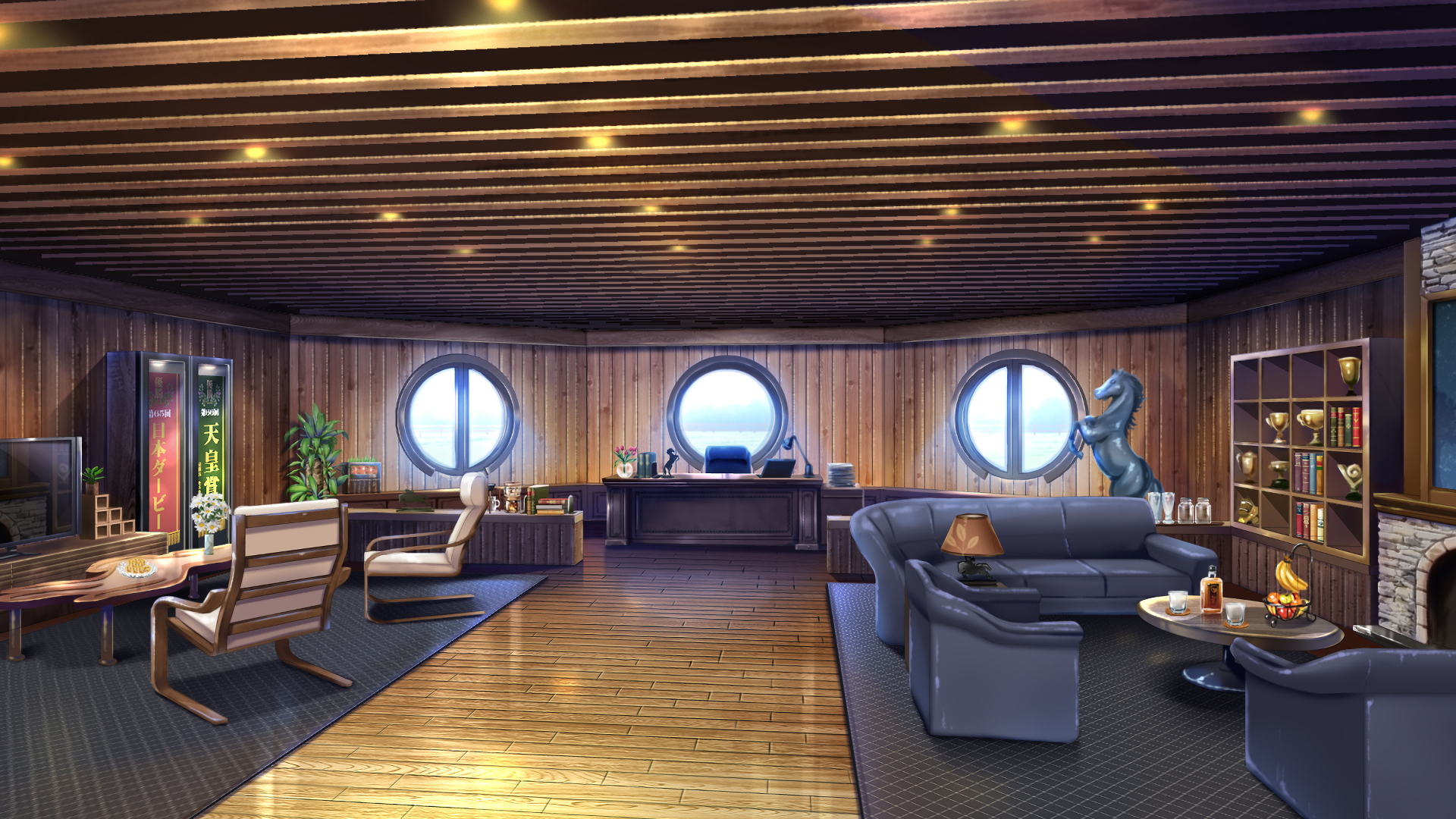 HD desktop wallpaper featuring a cozy anime-style room with wooden floors, porthole windows, comfy seating, and a bookcase. Warm lighting adds to the inviting atmosphere.