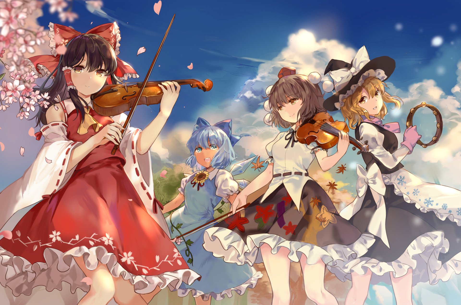 HD PC desktop wallpaper featuring Cirno, Aya Shameimaru, Marisa Kirisame, and Reimu Hakurei from the Touhou anime series, playing instruments against a bright sky.