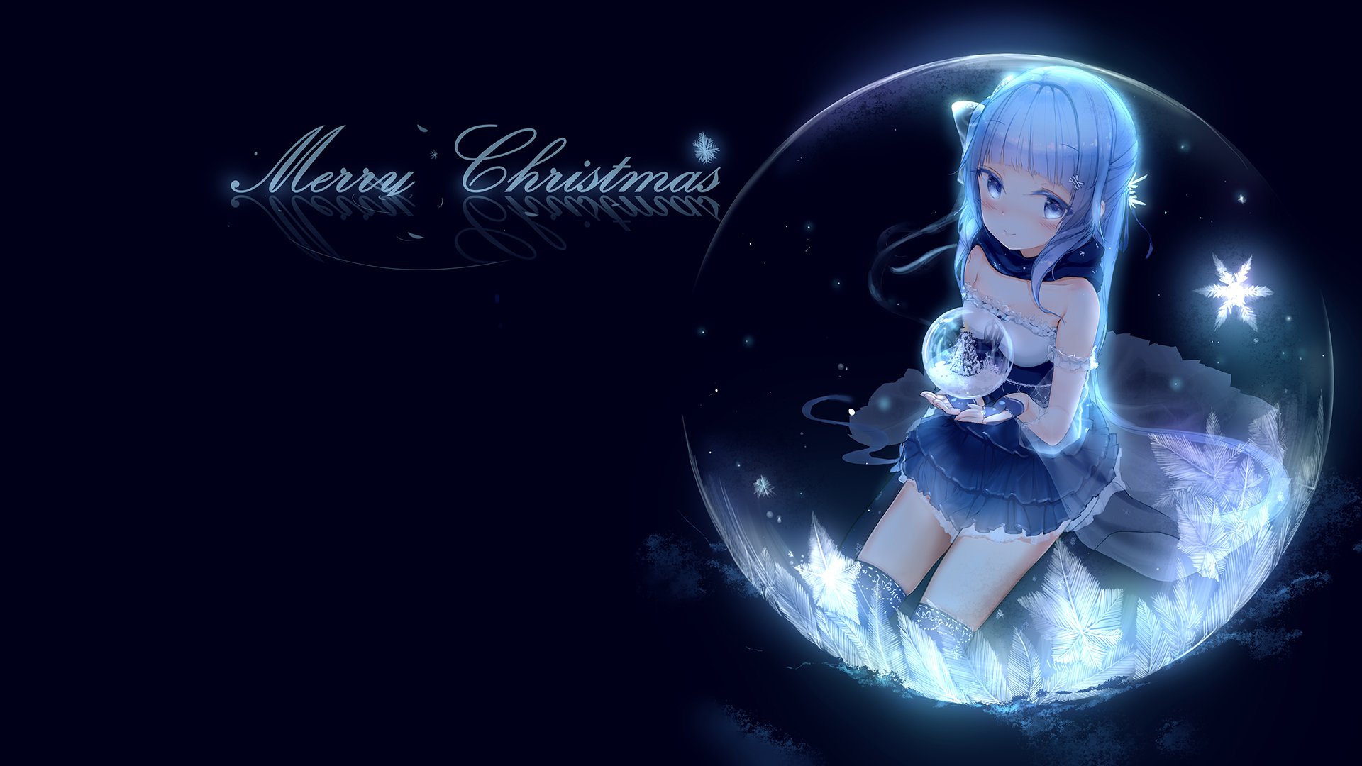 Anime-style original HD desktop wallpaper featuring a blue-haired girl holding a glowing orb inside a translucent bubble with Merry Christmas text on a dark background.