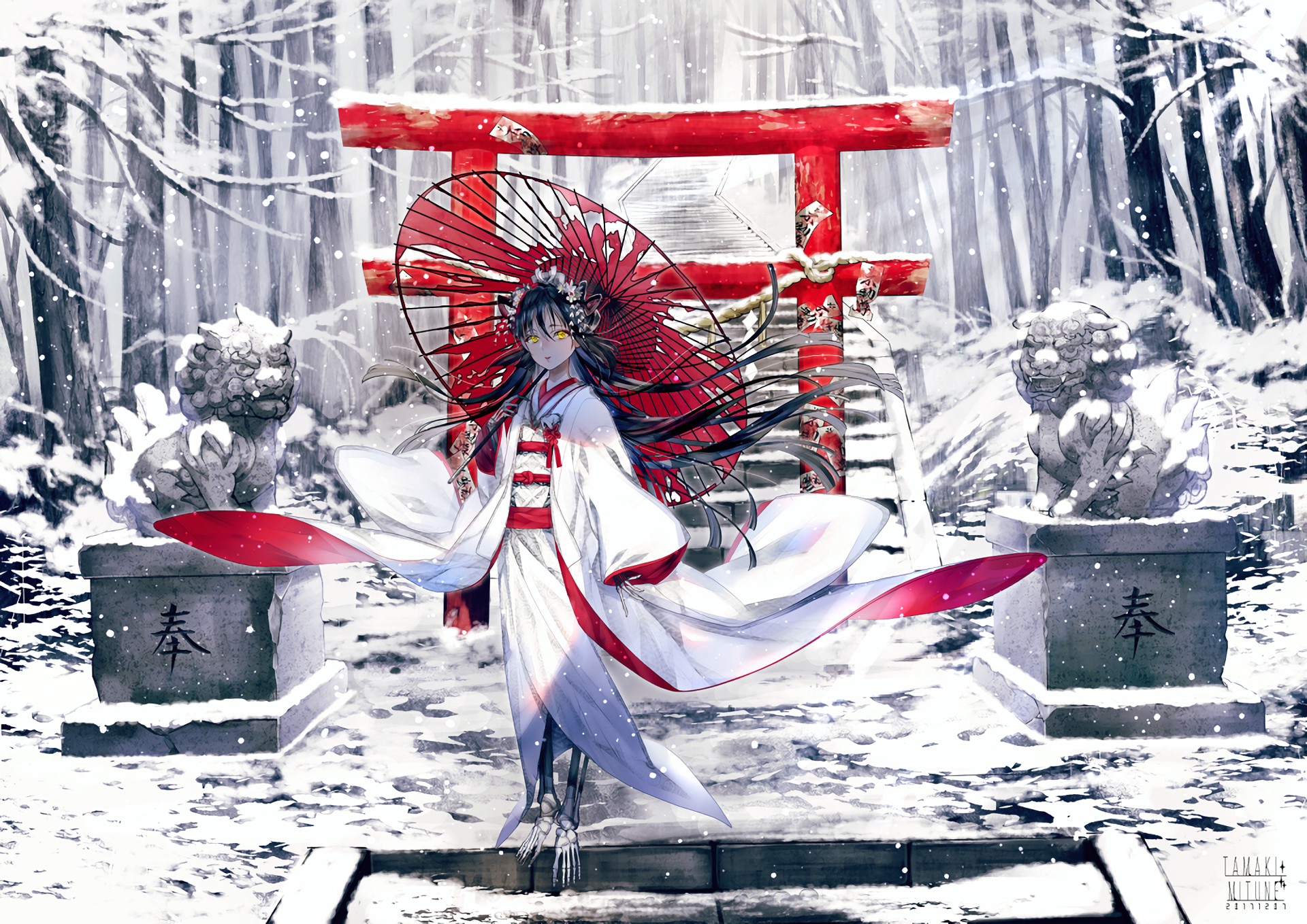 HD desktop wallpaper of an original anime character in traditional attire with an umbrella, standing in a snowy forest with a red torii gate in the background.