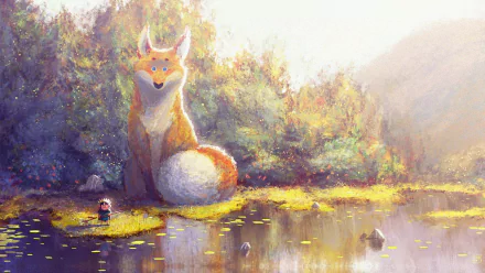 HD desktop wallpaper of a serene scene with a child and a large fox by a reflective pond, surrounded by lush greenery and soft sunlight.